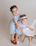 Gingham Pleated Bubble Romper, Blue, girls bubble, cotton bubble romper, monogram, infant bubble, girls romper