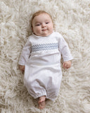 heirloom day gown, take me home outfit, kenny smocked pima gown, pima gown, pima cotton, day gown, hand smocked