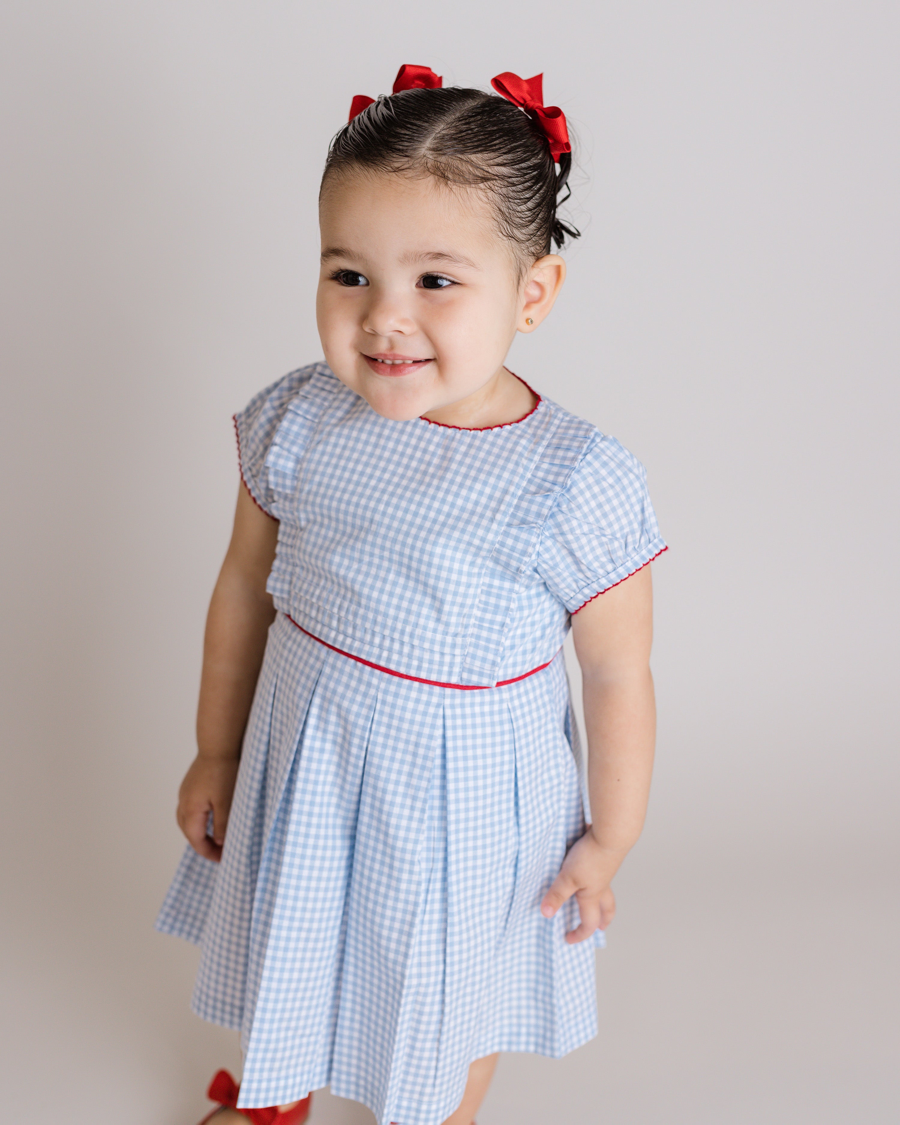 blue gingham dress toddler Toddler Milk SS26 Heart Gingham Smocked Bodice Tie Shoulder Dress (1-7y) - Blue