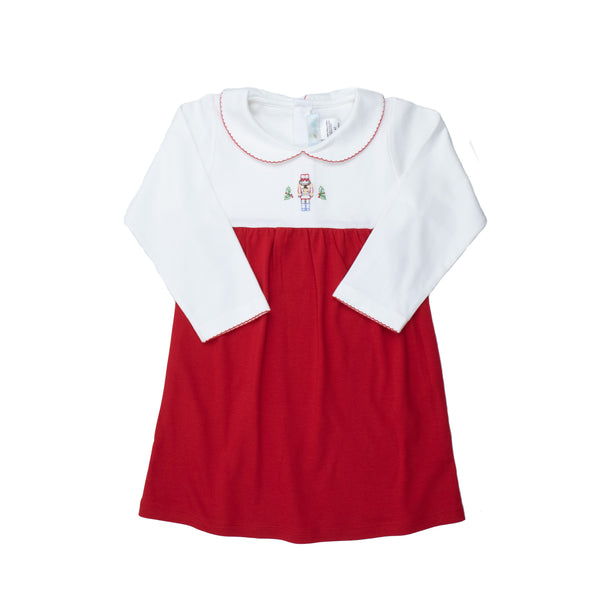 Nutcracker Embroidered Pima Dress, Toddler Girls, White with Red