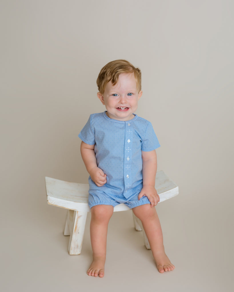 Infant boys diaper set, hand embroidered shirt and bloomer short set.