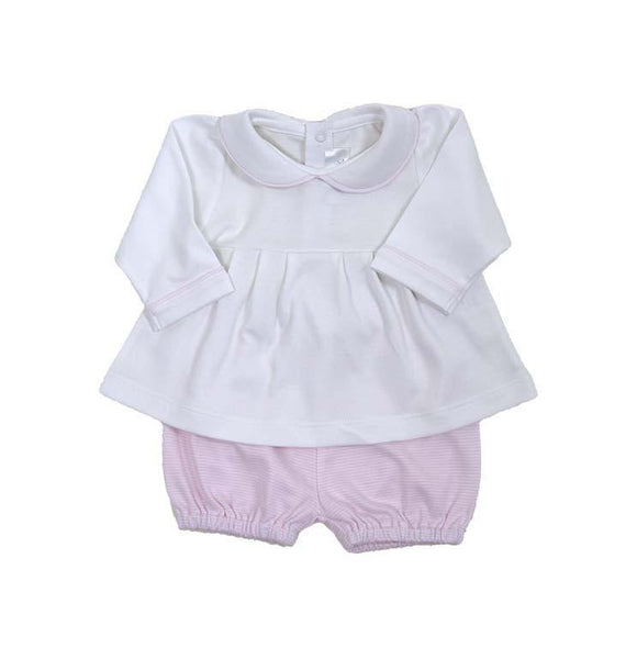 Long Sleeve Swing Top and Short Set - White Top, Pink Striped Shorts - Cuclie 